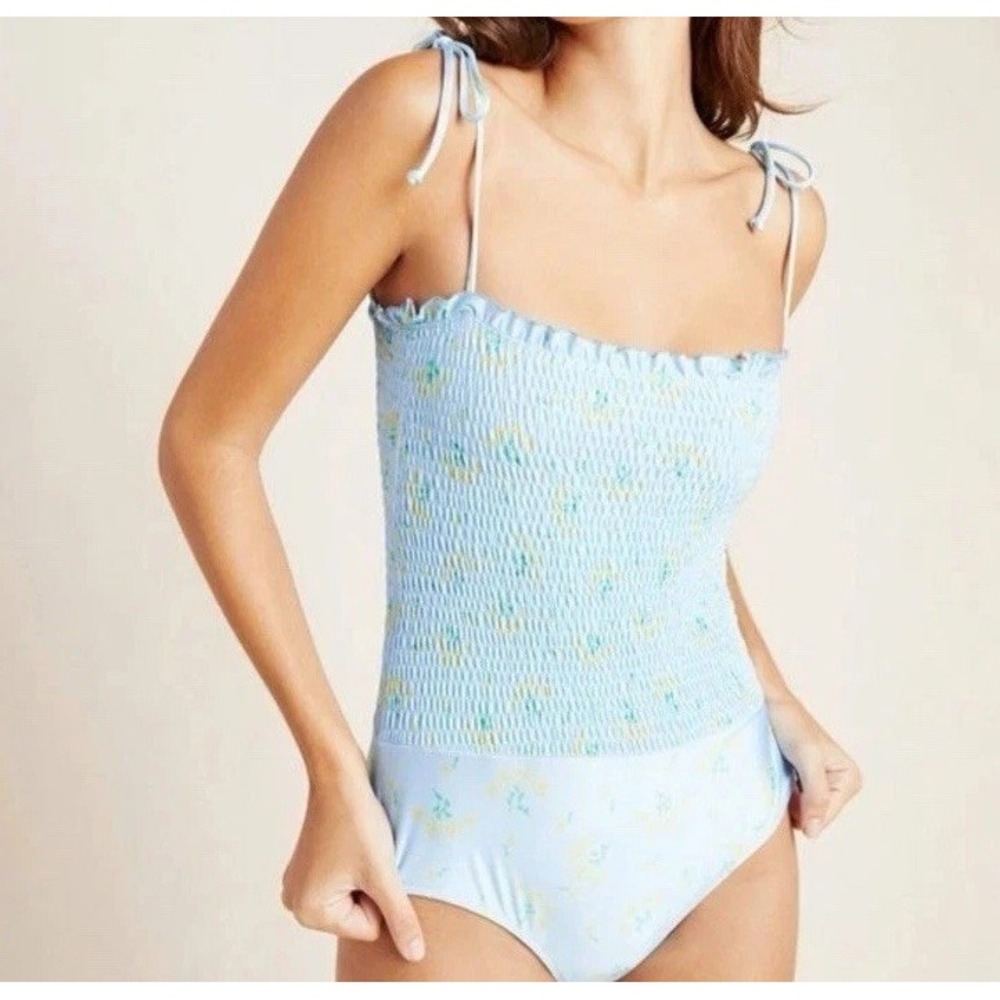 Anthropologie Light Blue Floral One Piece Swimsuit